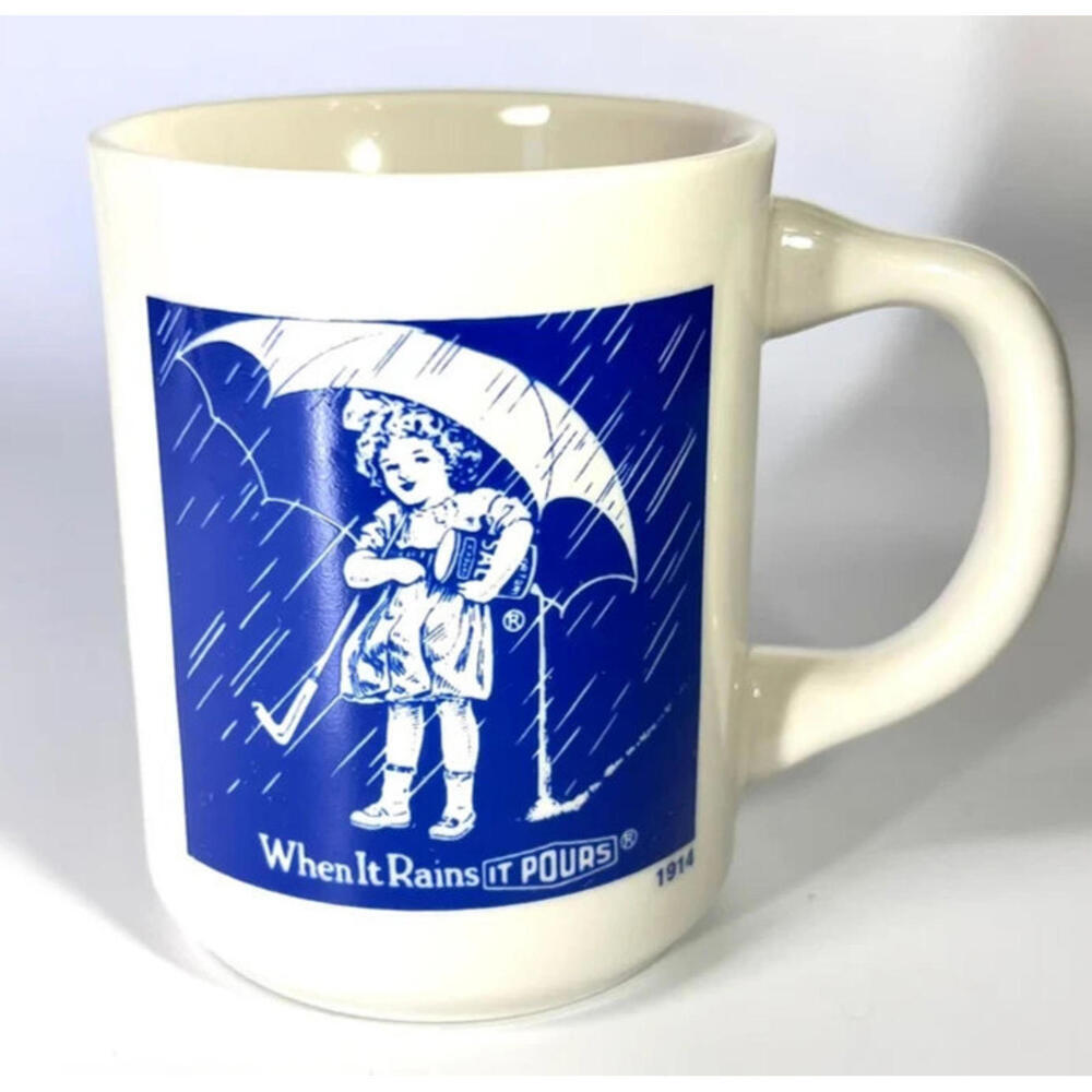 Morton Salt Company Coffee Cup Mug Tea Retro 1914 When it Rains It POURS VTG